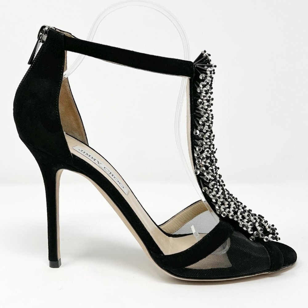 Jimmy Choo Crystal‎ Fringe Mesh T Strap Heels Black Suede 39 - Picture 5 of 9